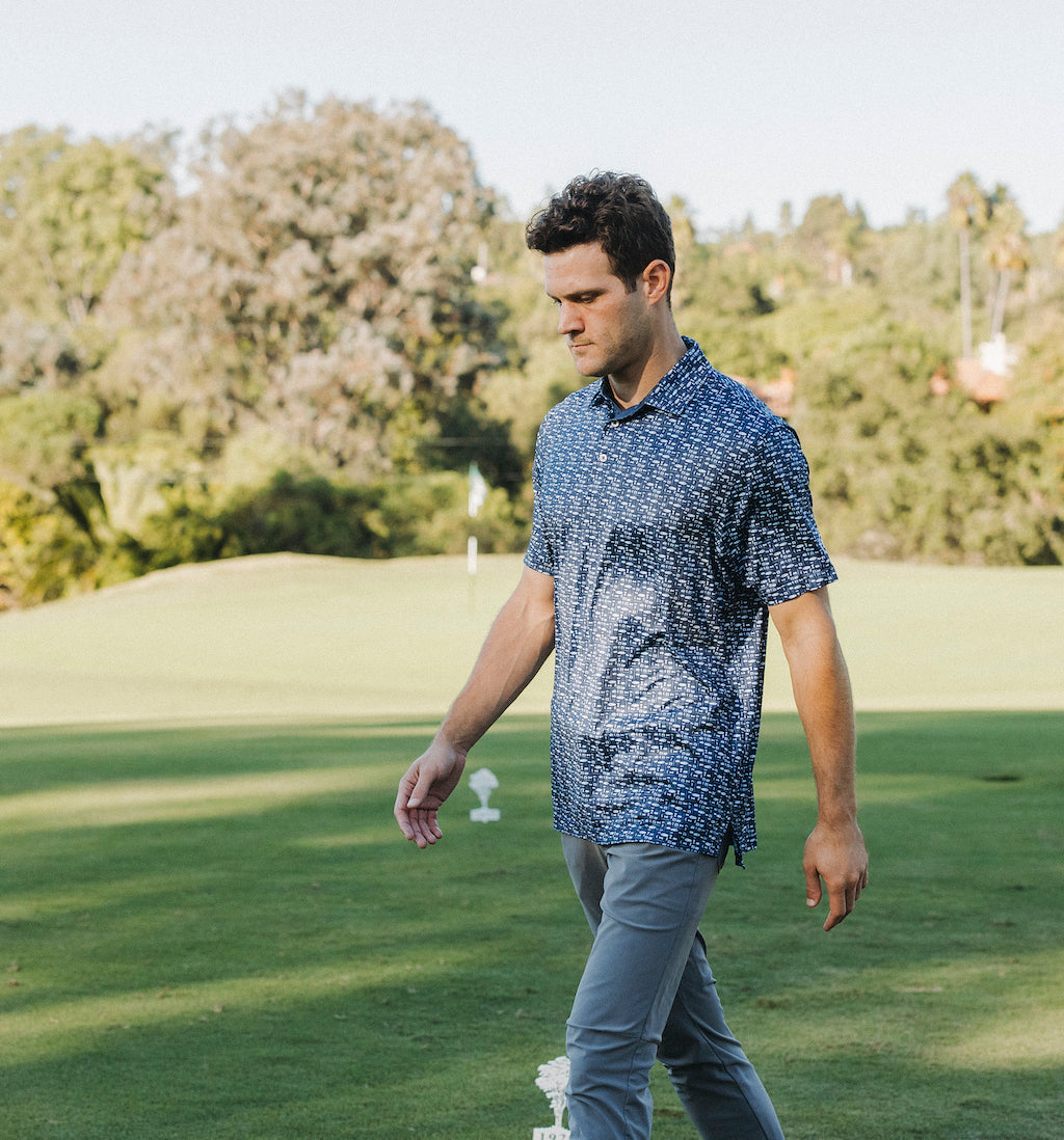 The Old Fashioned Polo is a brand new design featuring an Old Fashioned cocktail print and our classic performance golf polo fit. The Old Fashioned Polo is available in dark blue/ navy and light blue/ sky tones.