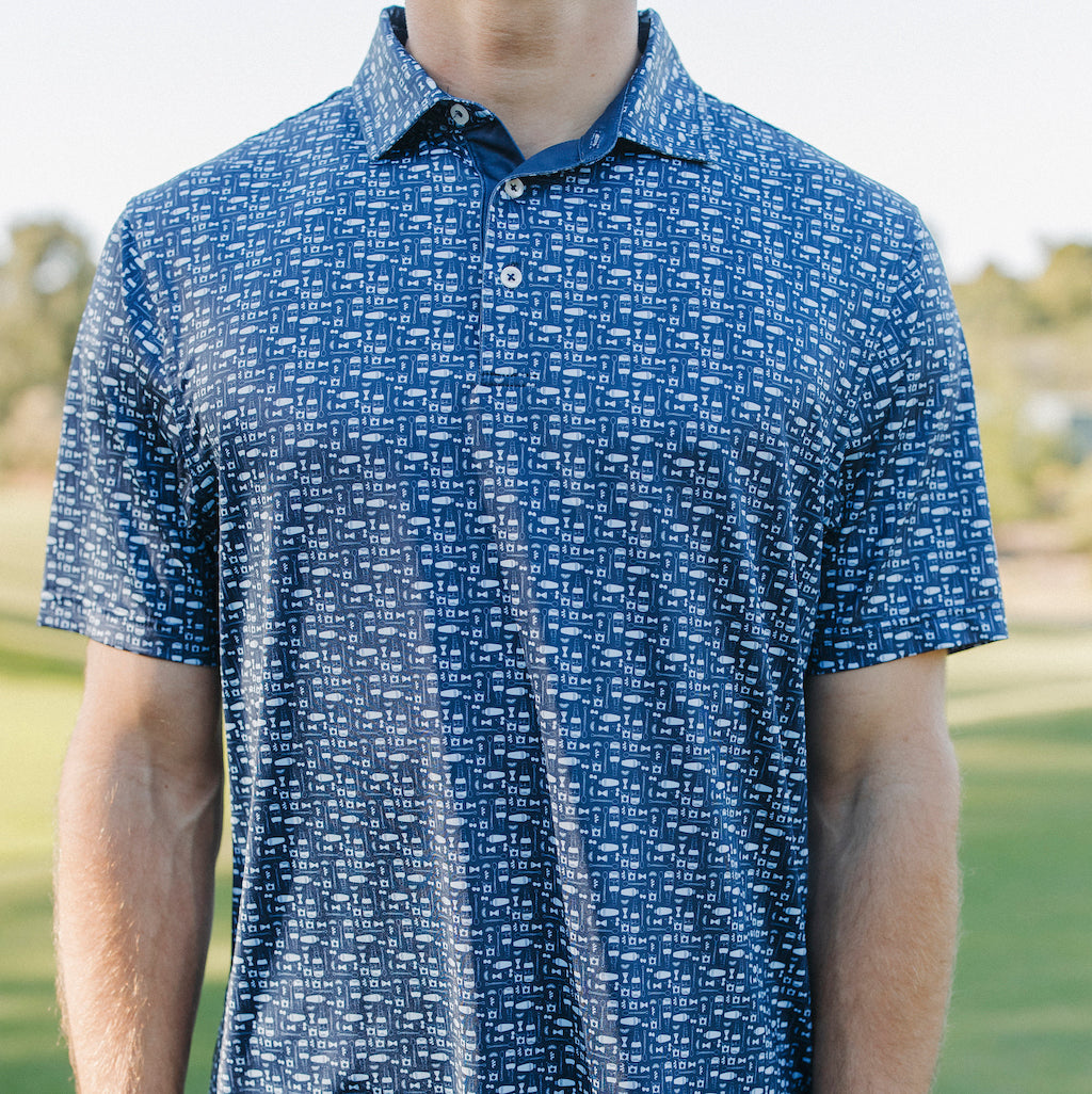 The Old Fashioned Polo is a brand new design featuring an Old Fashioned cocktail print and our classic performance golf polo fit. The Old Fashioned Polo is available in dark blue/ navy and light blue/ sky tones.