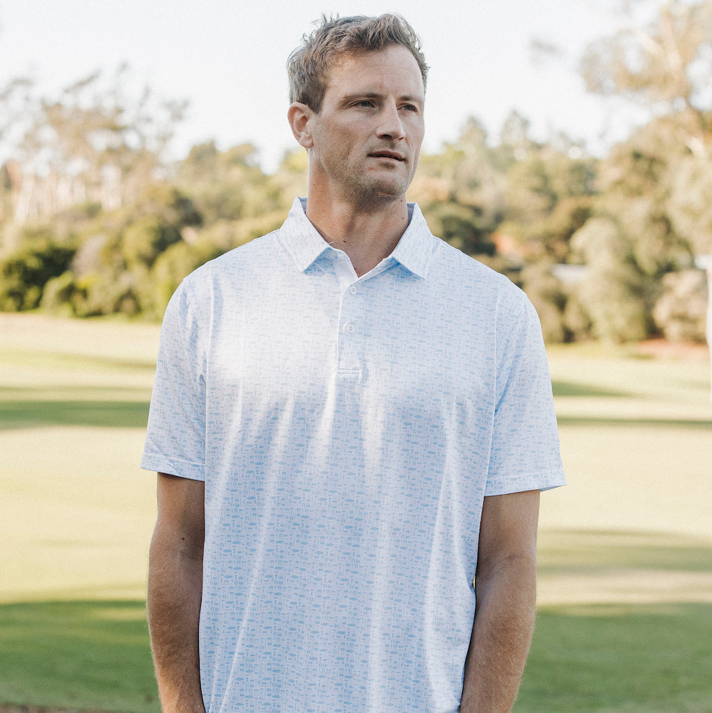 The Old Fashioned Polo is a brand new design featuring an Old Fashioned cocktail print and our classic performance golf polo fit. The Old Fashioned Polo is available in dark blue/ navy and light blue/ sky tones.