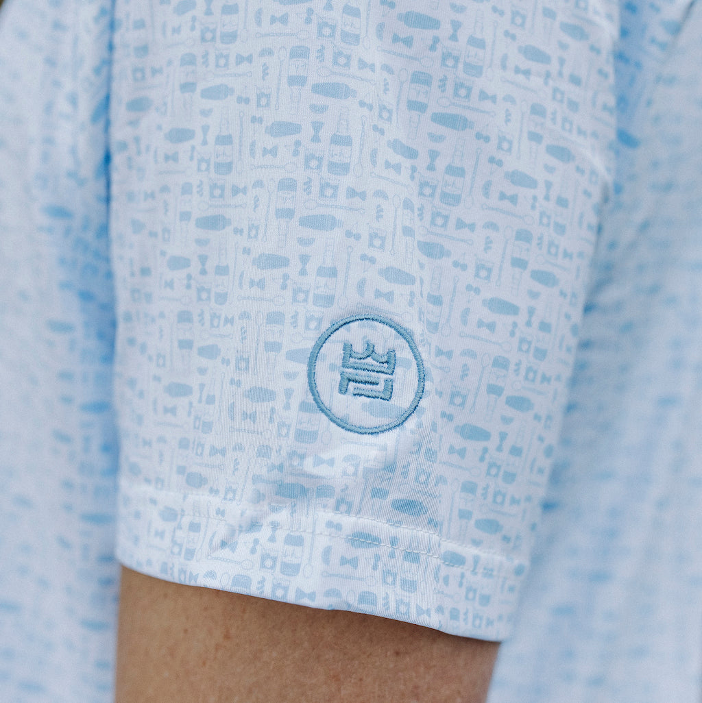 The Old Fashioned Polo is a brand new design featuring an Old Fashioned cocktail print and our classic performance golf polo fit. The Old Fashioned Polo is available in dark blue/ navy and light blue/ sky tones.
