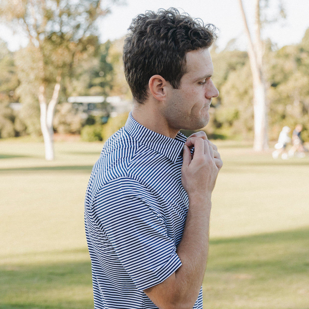 The classic men's Daniel Polo is currently available in Regal, offering a timeless combination of white and navy stripes perfectly suited for the golf course or dinner out.