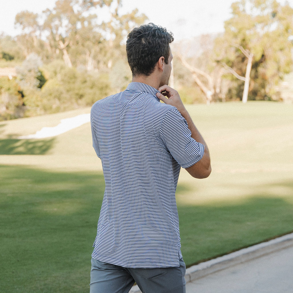 The classic men's Daniel Polo is currently available in Regal, offering a timeless combination of white and navy stripes perfectly suited for the golf course or dinner out.