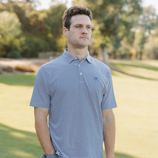 The classic men's Daniel Polo is currently available in Regal, offering a timeless combination of white and navy stripes perfectly suited for the golf course or dinner out.