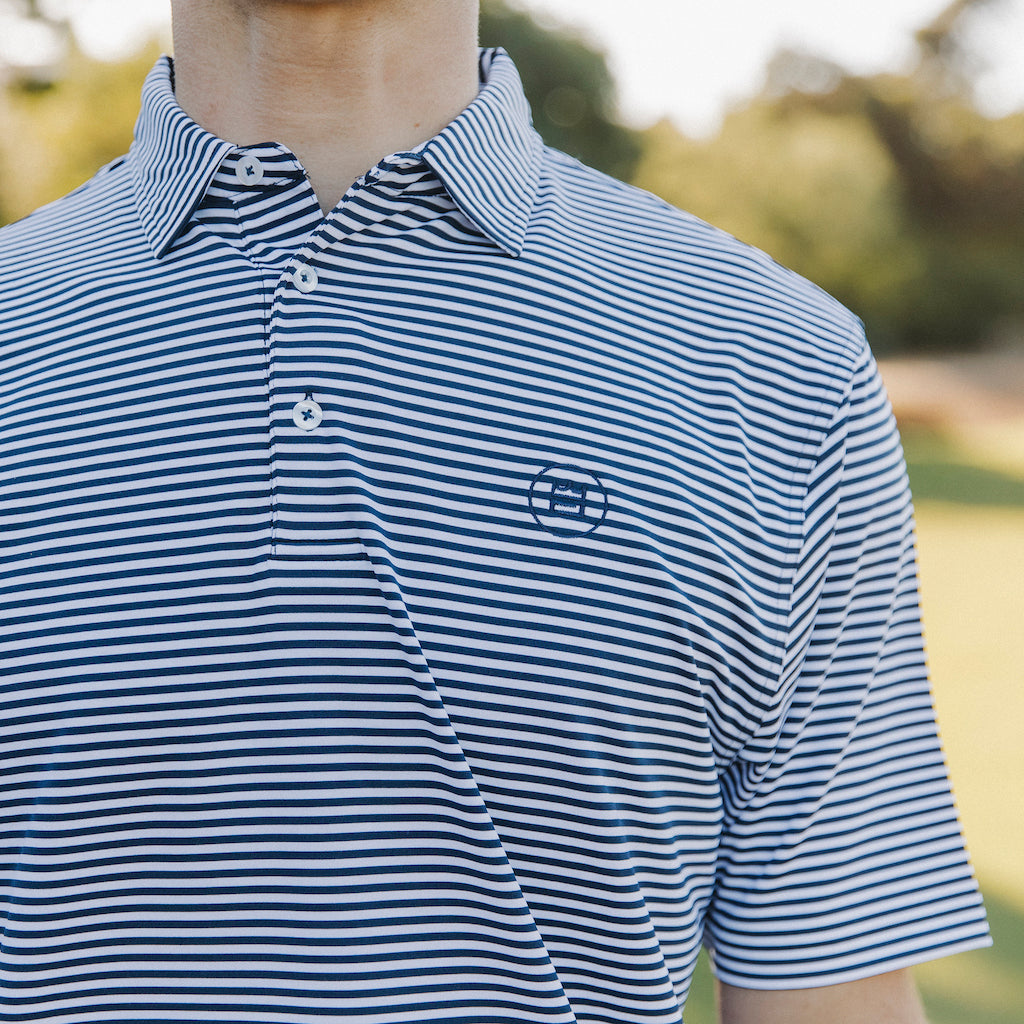 The classic men's Daniel Polo is currently available in Regal, offering a timeless combination of white and navy stripes perfectly suited for the golf course or dinner out.
